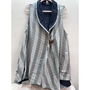 Kao Tok Cotton Vest Crossover Button Wrap Top Lagenlook Gray Navy Womens Large